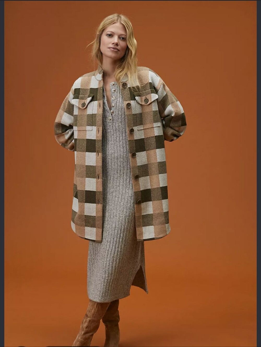 Anthropologie Plaid Oversized Shacket in Brown and Cream